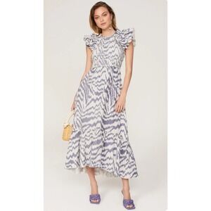 Saylor Pilar Blue White Ikat Zebra Smocked Ruffle High Low Maxi Dress Sleeveless